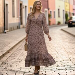 Zara Womens Boho Maxi Dress Sz L Brown V-Neck Paisley Dark Romantic Forest Fairy